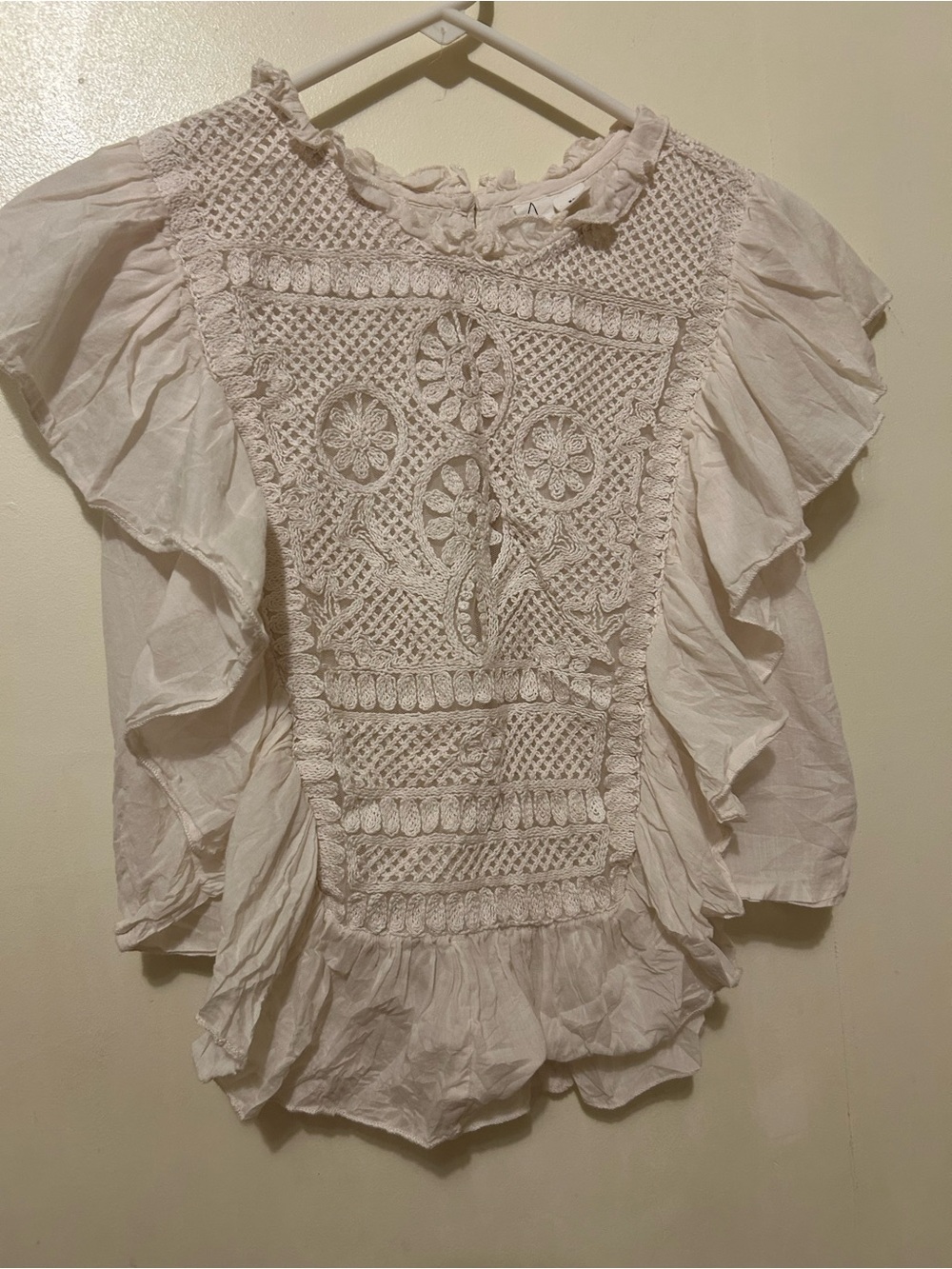NWOT Joie Cream Crochet-Front Ruffle Cotton Blouse Sz M